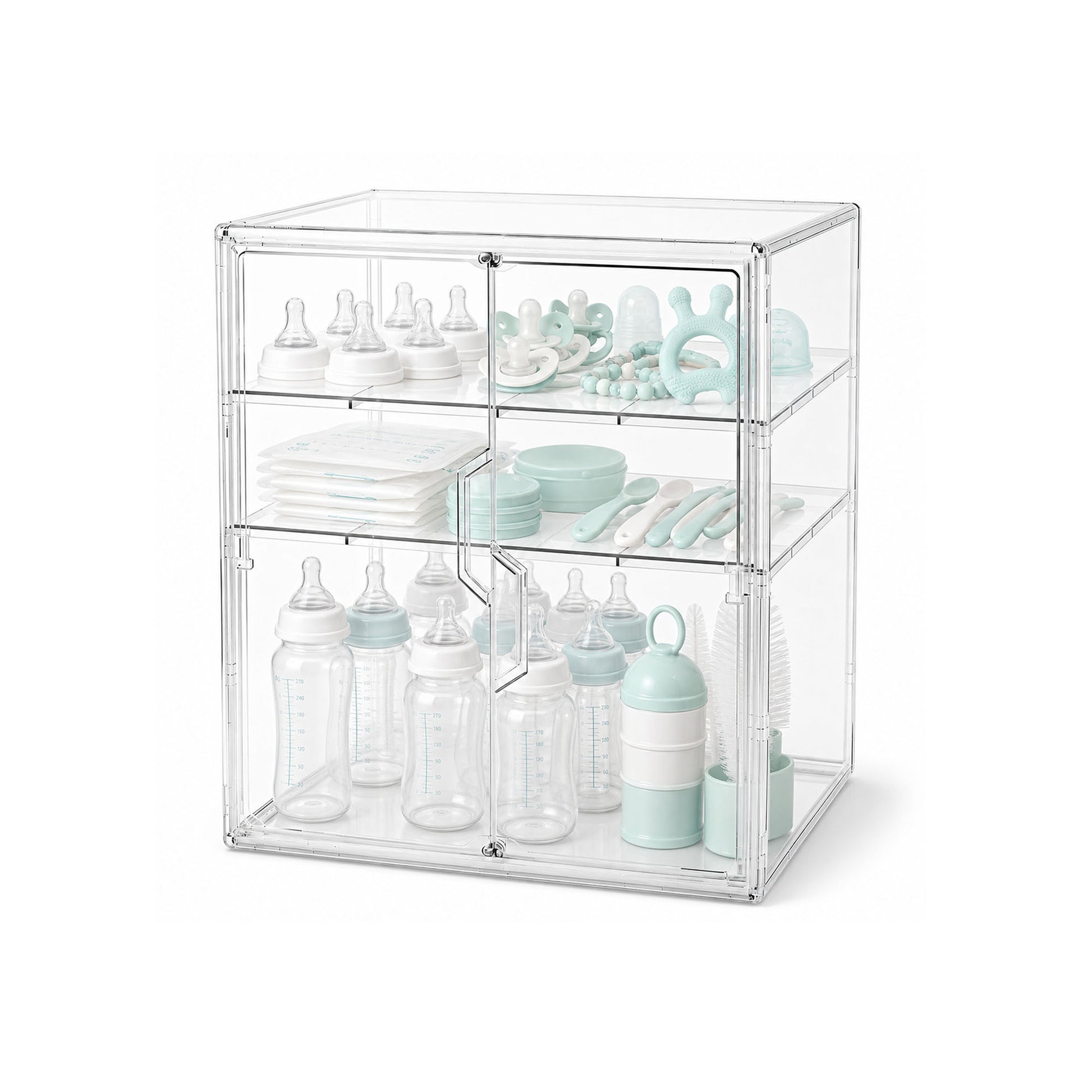 Gofinoday Baby Bottle Organizer, 3-Tier Acrylic Bottle Storage for Countertop with Double Magnetic Doors