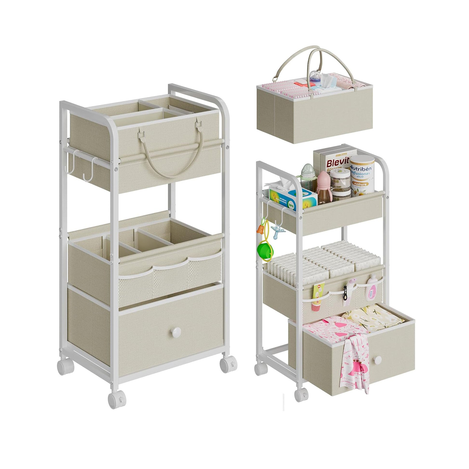 Gofinoday 2-in-1 Baby Diaper Caddy Organizer, 3-Tier Rolling Diaper Cart with Drawer