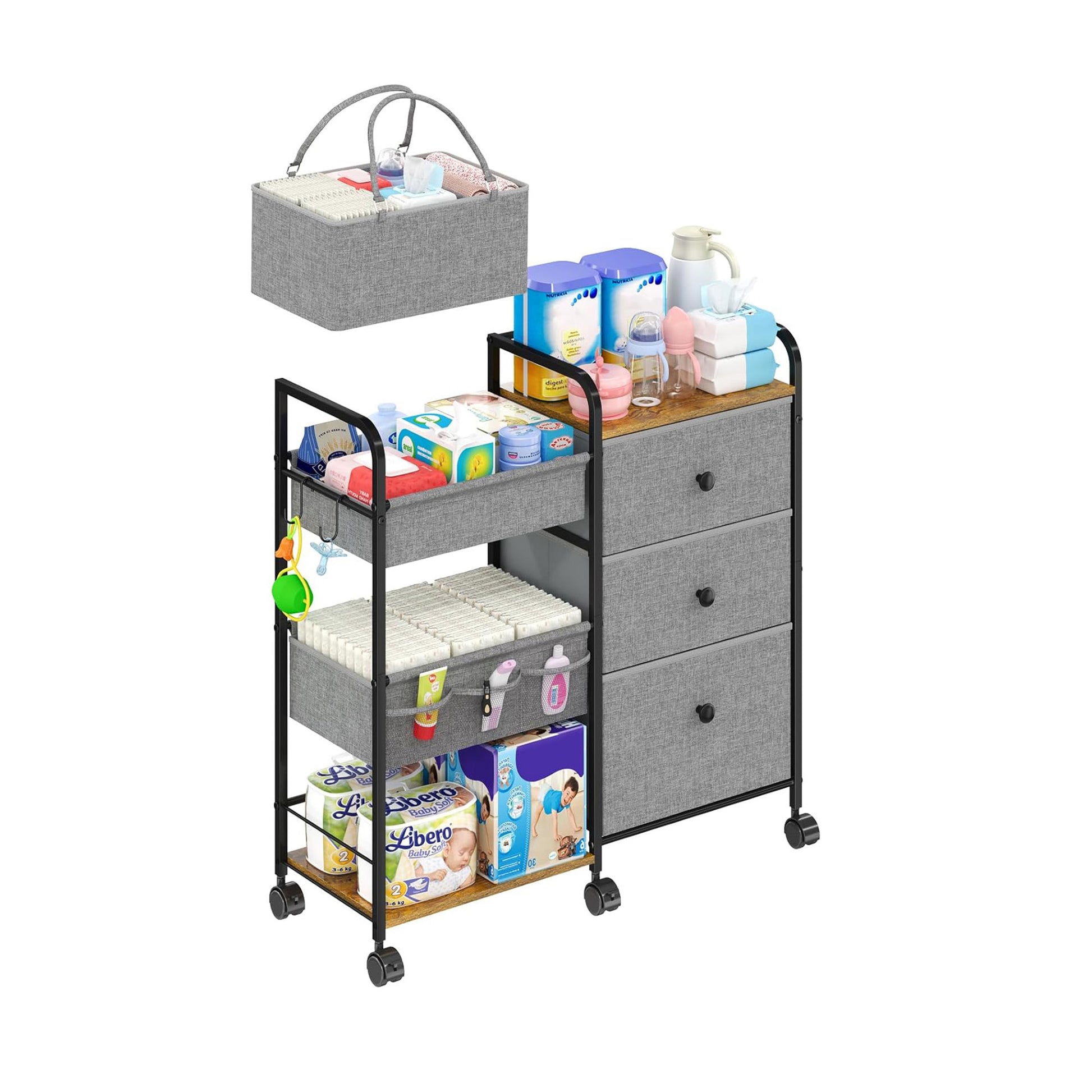 Gofinoday 2In1 Baby Diaper Caddy Organizers and Storage, 3 Tier Rolling Cart with Dividers and Drawers