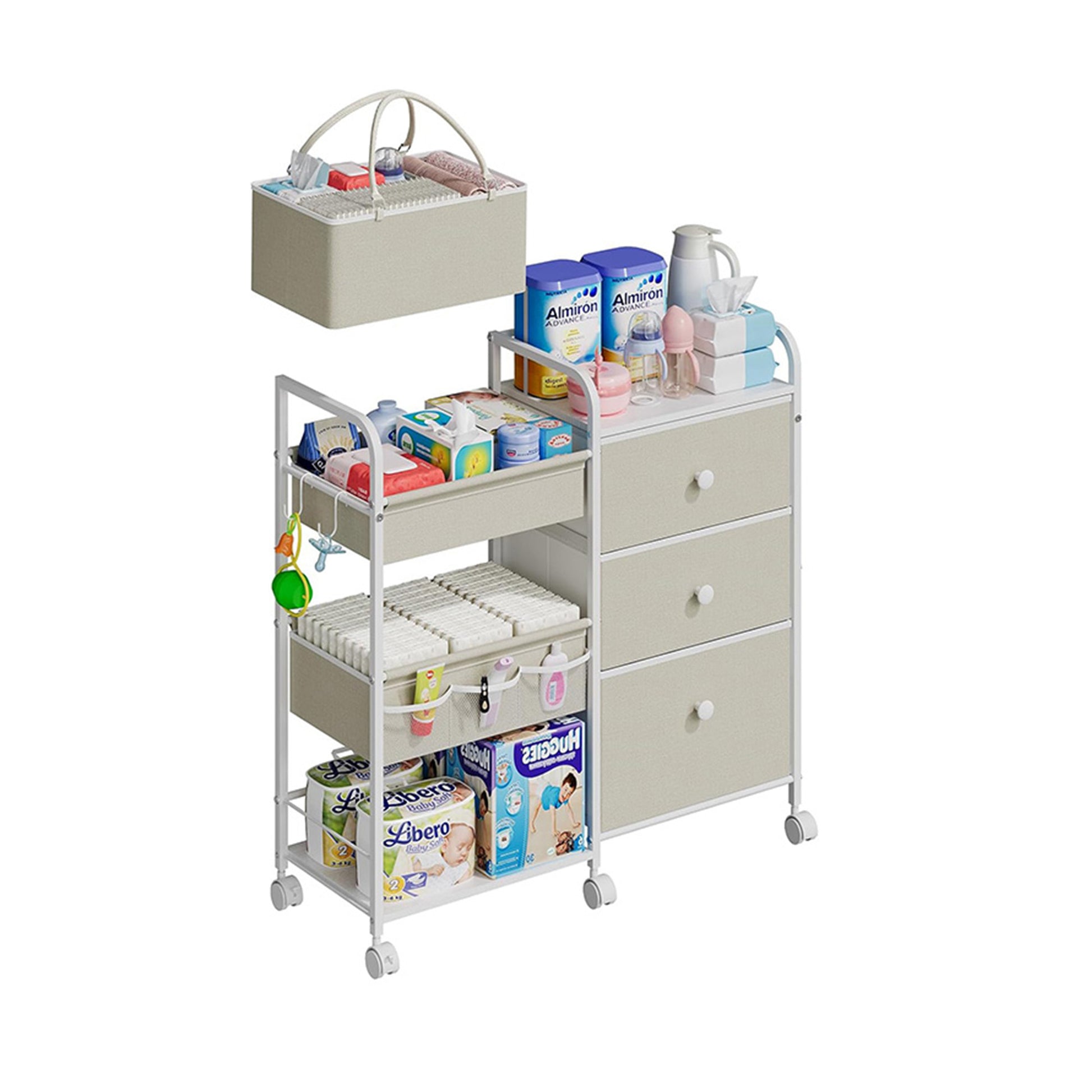 Gofinoday 2In1 Baby Diaper Caddy Organizers and Storage, 3 Tier Rolling Cart with Dividers and Drawers